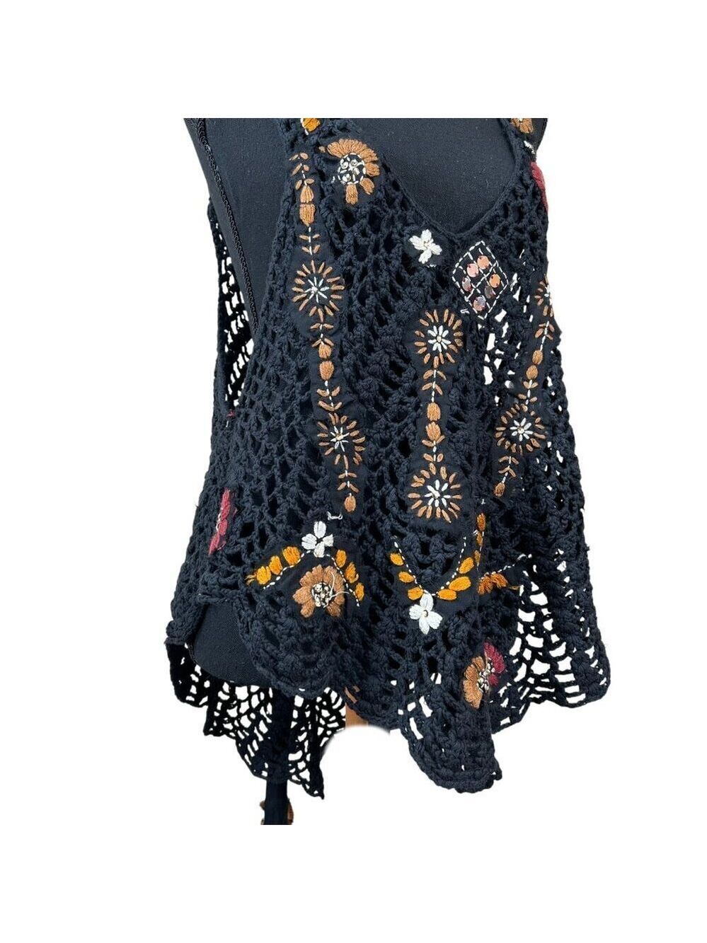 Free People NWT Black Sheer Embroidered Crochet Back Tie Tank Top Size XS - Picture 9 of 13